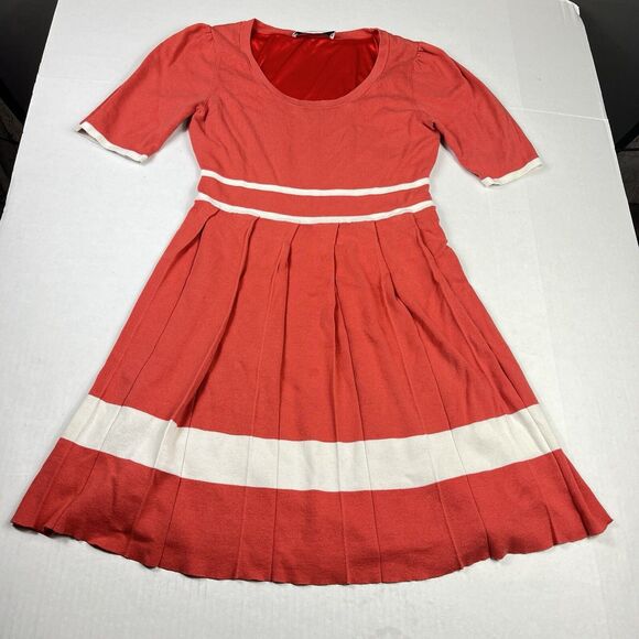 Trina Turk Fit & Flare Sweater Dress Striped Pleated Short Sleeve Retro S/M FLAW - Picture 1 of 13